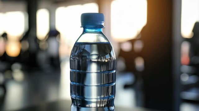 Still water bottle stands on table in gym with fitness equipment, promoting hydration and healthy lifestyle choices