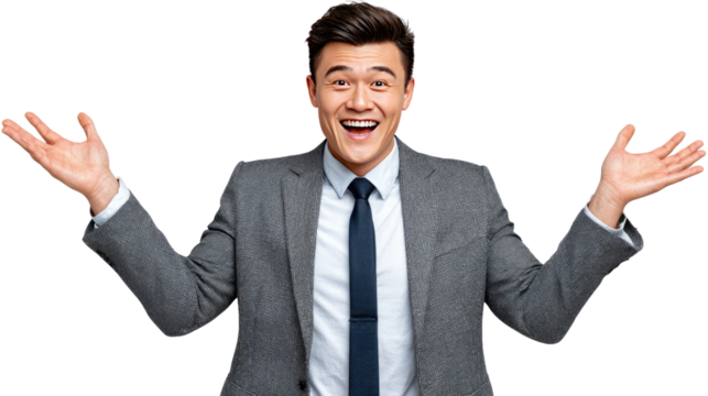 Open Arms: A joyful gentleman in professional attire extends his arms wide, exuding an aura of elation and open-mindedness.