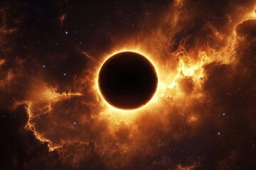 Obraz premium Stunning sun eclipse surrounded by fiery galaxy backdrop with vibrant colors and starry details, sun space galaxy Photo background live wallpaper total eclipse