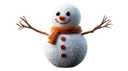 Snowman with orange scarf: charming snowman adorns an orange scarf, radiating winter cheer and holiday spirit.