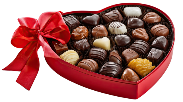 Sweet Surrender: A heart-shaped box overflows with a decadent assortment of gourmet chocolates, elegantly adorned with a vibrant red ribbon, symbolizing indulgence and love. - Powered by Adobe