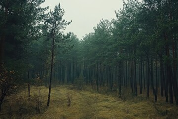 Obraz premium Serene pine forest landscape in Belarus during a misty morning, Pine trees forest in Belarus, panning from right to left
