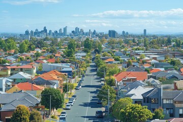 Birds eye view showcasing residential neighborhoods in Brunswick, Melbourne with city skyline in the distance, Birds eye view over the Brunswick area of Melbourne city , Australia