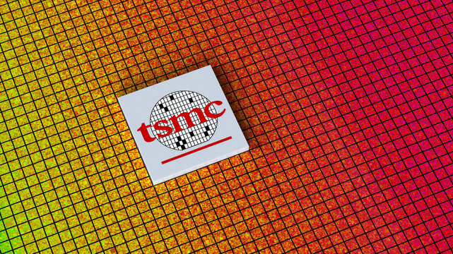 Taiwan Semiconductor Manufacturing Company TSMC logo, Taiwan Semiconductor manufacturing, Chip fabrication, IC production, Silicon Wafer, Nanotechnology, 3d render