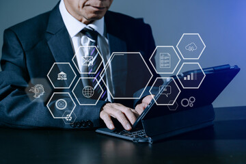 gital marketing media in virtual screen.businesswoman hand working with mobile phone and modern...