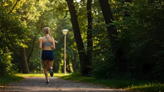 Young woman running at dawn in a tree-lined park, soft morning light, motion blur to suggest movement, athletic wear, healthy lifestyle and fitness concept, peaceful natural environment, dew on grass,