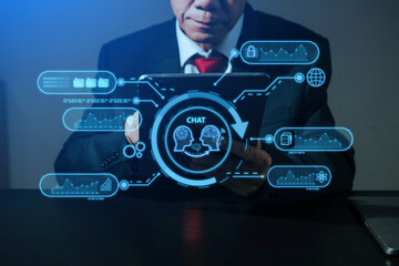 Man using chatbot in computer and tablet  smart intelligence Ai.Chat with AI Artificial...