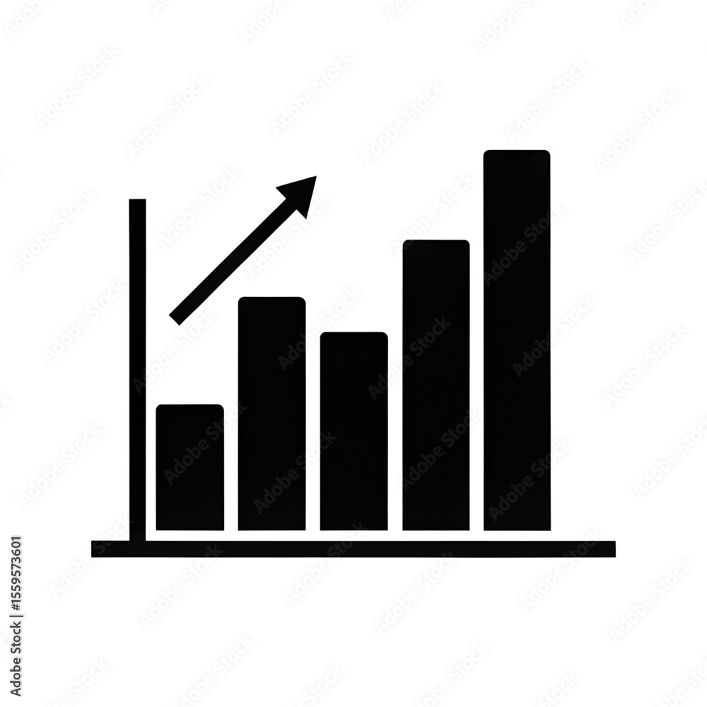Poster a black bar graph with an arrow pointing upwards, isolated on transparent background
