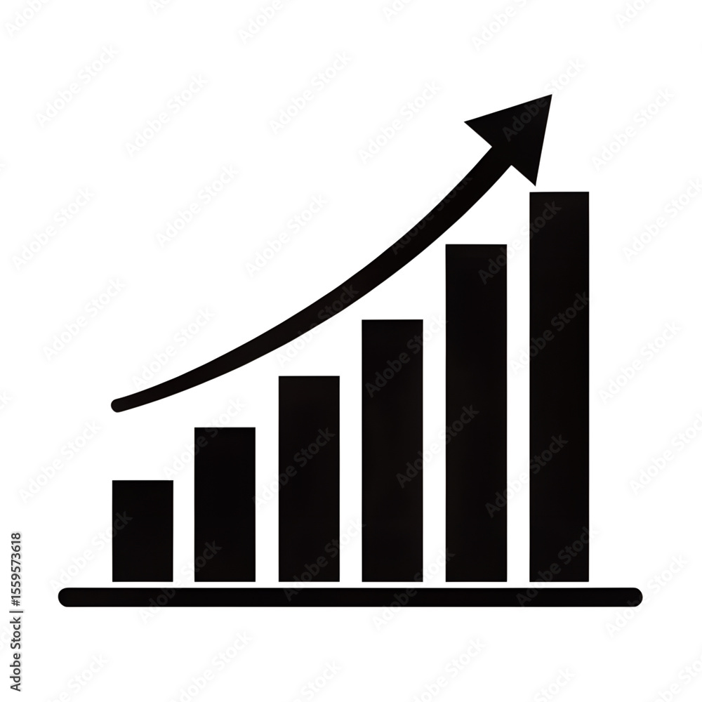 Poster a black bar graph with an upward curved arrow, isolated on transparent background