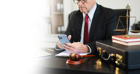 Justice and law concept.Male judge in a courtroom on white table and Counselor or Male lawyer...