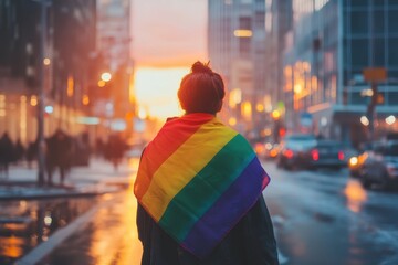 Obraz premium Person walks through a city wrapped in a rainbow flag during sunset with city lights in the background, Person wrapped in rainbow flag walking through city street at sunset