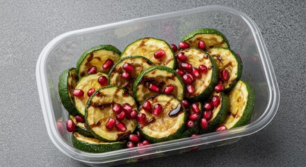 Freshly Grilled Zucchini Slices Topped with Juicy Pomegranate Seeds in a Clear Plastic Container