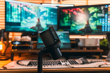Modern podcast setup with professional microphone on boom arm in cozy home studio, featuring blurred monitors and wooden blinds background. Creative workspace inspiration. © Redd Molecule