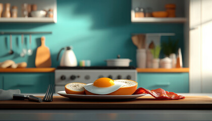 Delicious breakfast featuring egg and bacon on a kitchen table.