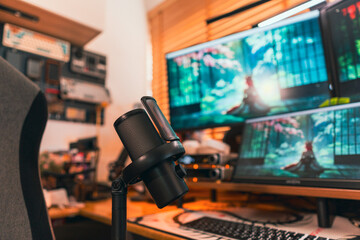Modern podcast setup with professional microphone on boom arm in cozy home studio, featuring blurred monitors and wooden blinds background. Creative workspace inspiration.