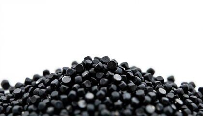 Black plastic masterbatch granules, arranged in mounds, isolated on white background	