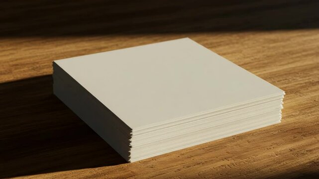 Blank stack of paper on wooden surface in soft natural light  
