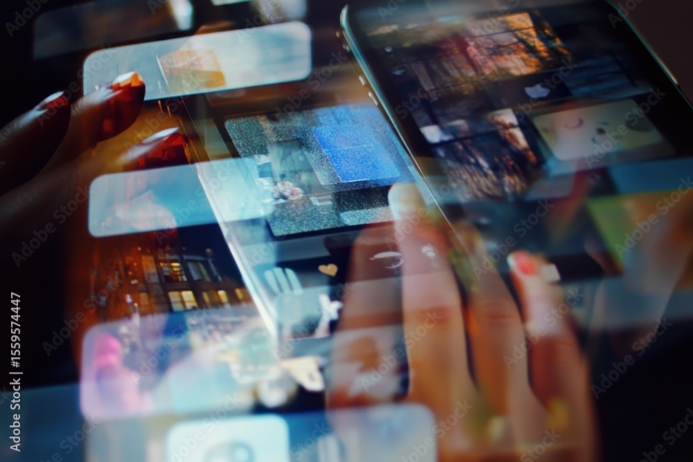 Poster closeups of hands using smartphones to type and interact with various applications, collage of close