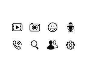 A versatile set of 8 solid and outline-style icons representing core multimedia and communication functions. Includes video player, camera, smiley face, microphone, phone call, search tool, user group