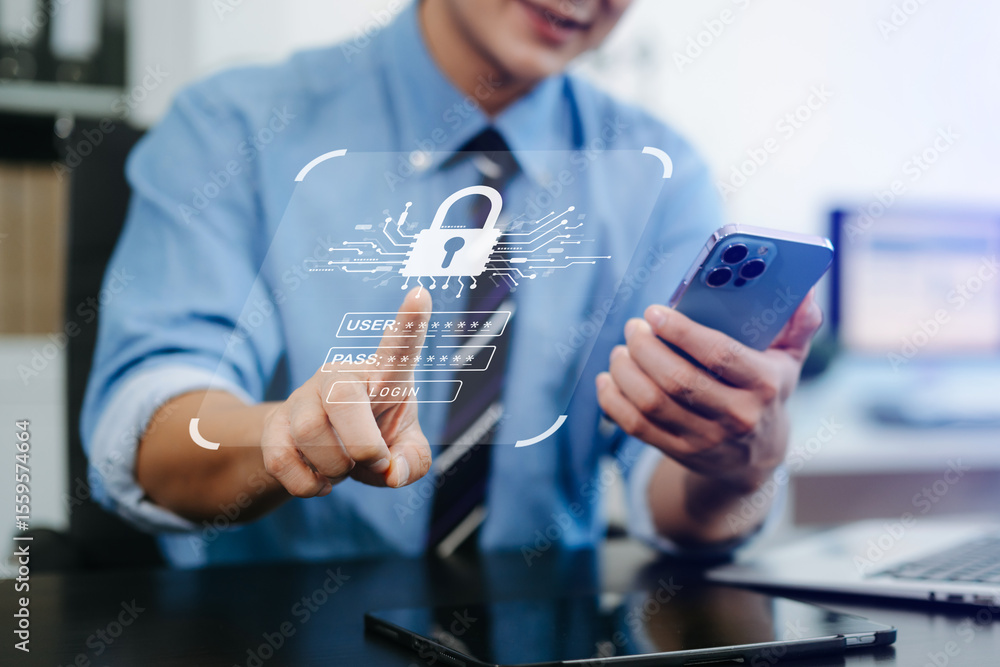 Aufkleber network security system. personal data information on tablet.information and cyber security technolo