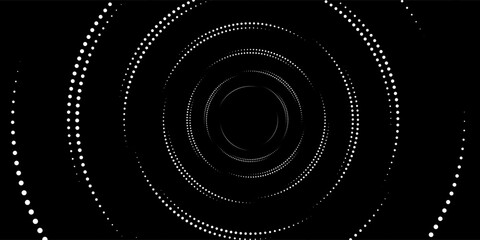 Modern abstract background. Halftone dots in circle shape. Spiral logo, icon or design element. White dots on black side.
