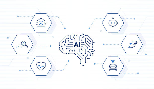 AI use cases in real life. digital Artificial intelligence brain with editable stroke icons