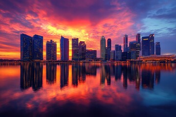 Fototapeta premium Stunning panoramic view of Singapores downtown skyline at sunset reflecting on calm waters, Singapore city skyline panoramic view Downtown financial district at sunset