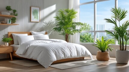 Bright bedroom with plants and city view