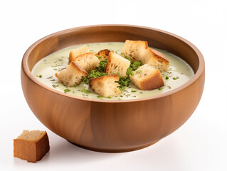 A wooden bowl filled with soup topped with croutons and green herbs garnish