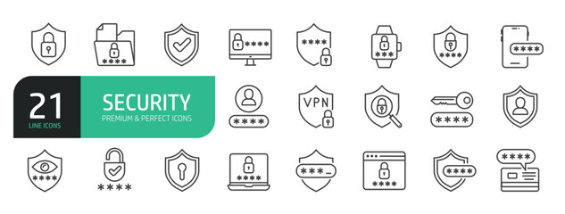 Set of Line Icons Related to Security, Protection, Password, Access, Lock, Key, Padlock, Computer Network, Cybersecurity, Remote Work, Thief, and more.