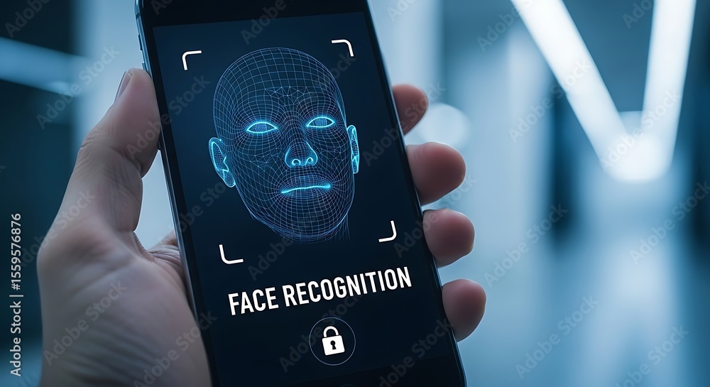 Poster smartphone displaying face recognition technology concept for digital security and personal identifi