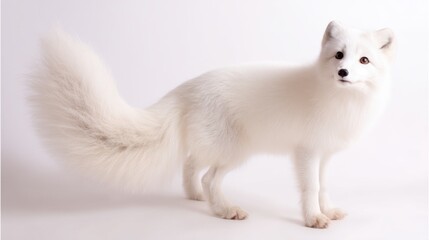 Fototapeta premium Alert and curious white fox with fluffy fur, bushy tail, dark expressive eyes, and dainty paws standing poised on a plain light-colored background.