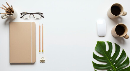 Naklejka premium Minimal Workspace Arrangement With Coffee Mugs Stationery And Leaf On White Background
