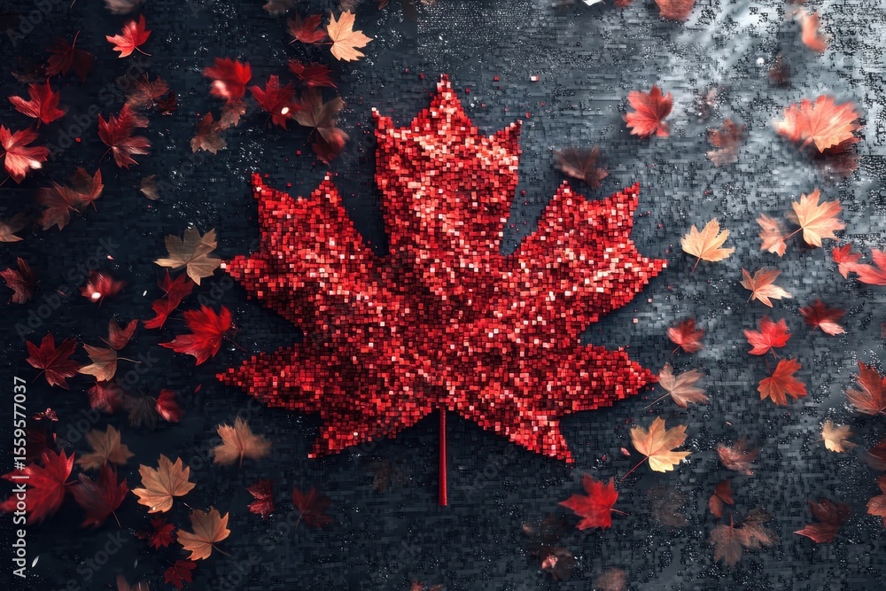 Fototapete red pixel rendered canada maple leaf with scattered autumn foliage on dark surface, red canada maple