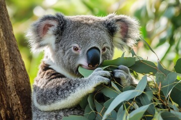 Fototapeta premium Koala bear enjoys eucalyptus leaves while resting on a tree in Australia during daylight, Koala bear eating eucalyptus tree leaves in Australian wildlife forest reserve