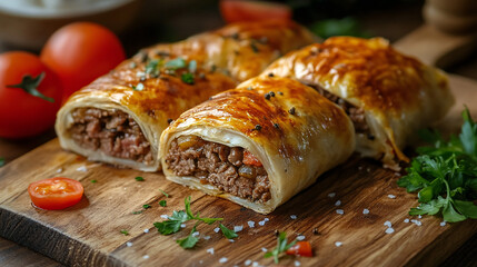 Golden savory rolls on wood board food photography