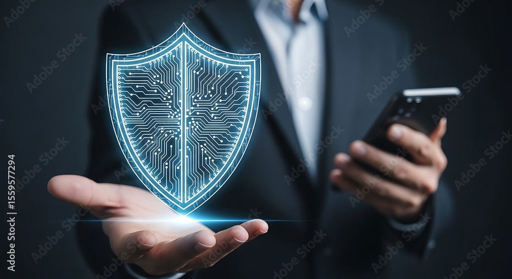 Poster digital security and data protection concept featuring a circuit board shield and smartphone
