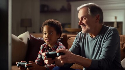 Grandfather and grandson playing videogames on sofa - Powered by Adobe
