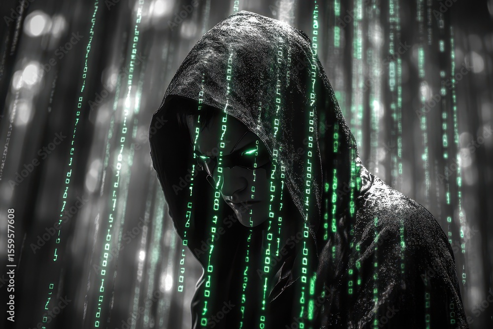Poster ominous hacker manipulating digital data in a dark, mysterious environment, portray the ominous pres