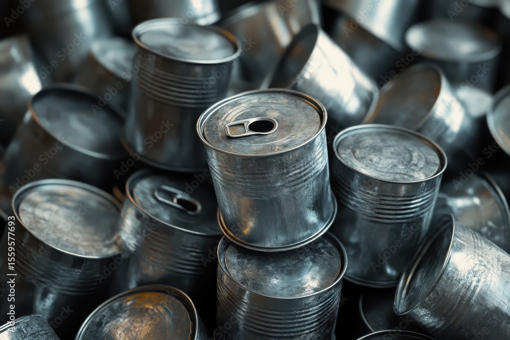 Aufkleber numerous tin cans piled together in a disordered arrangement creating an intriguing metallic texture