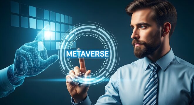 Business professional interacting with the metaverse concept and touching digital interface for future technology