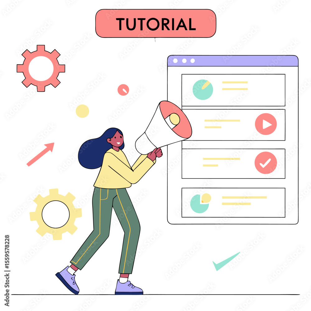 Poster a person holding a megaphone announces a tutorial with a digital interface displaying progress chart