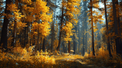 Fototapeta premium Golden trees forest autumn light 