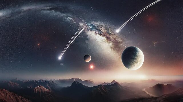 Un paysage spatial, ou d&eacute;filent &eacute;toile filante, supernova, et plan&egrave;te .