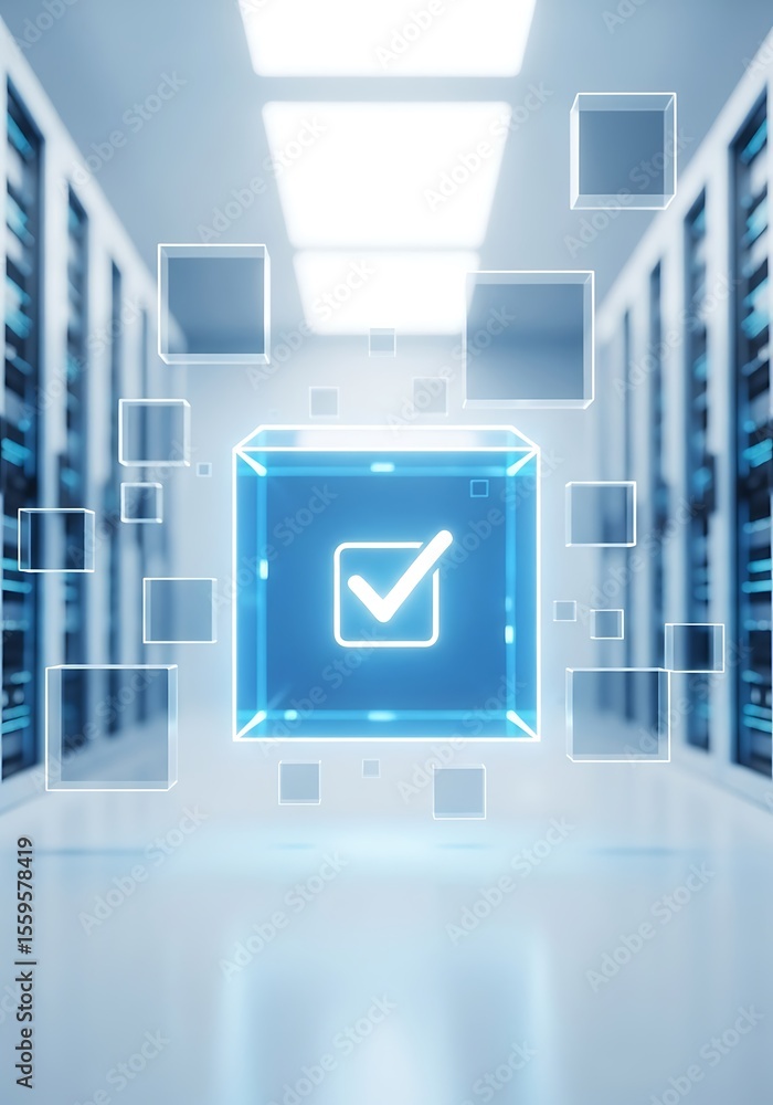 Poster futuristic data center illustration with glowing checkmark symbolizing approval and verification
