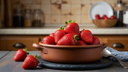 Fresh strawberries in terracotta bowl on kitchen counter