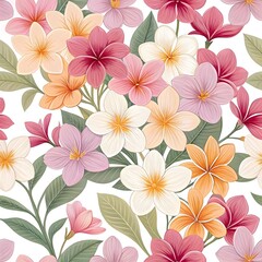 "Seamless pattern of delicate frangipani flowers in pink, cream, and orange tones on white background."
