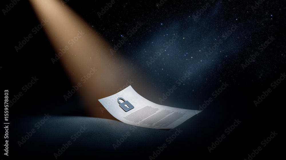 Poster light on document with padlock symbolizing security and privacy in digital era, conceptual illustrat