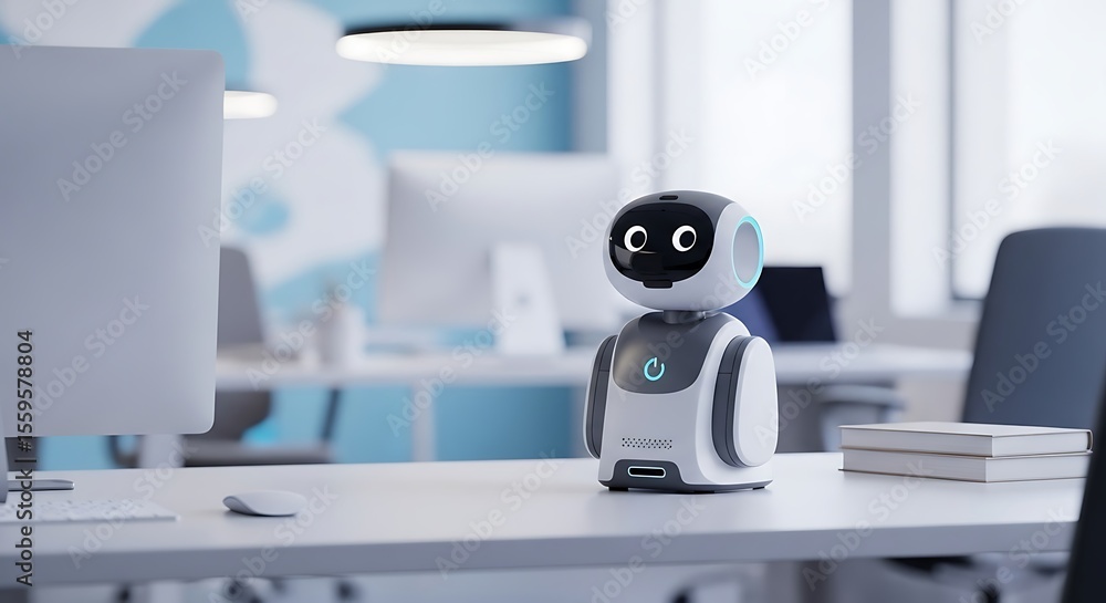 Poster cute modern robot in an office setting illustrating futuristic technology and artificial intelligenc