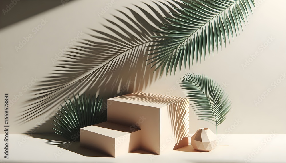 Poster nature-inspired display scene with leaf shadows cast over modern pedestal in a tropical and clean mi